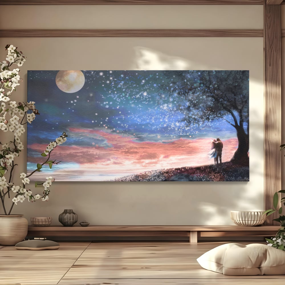 Tablou canvas cu ilustratie cuplu sub cer instelat, fara rama, pe sasiu de lemn